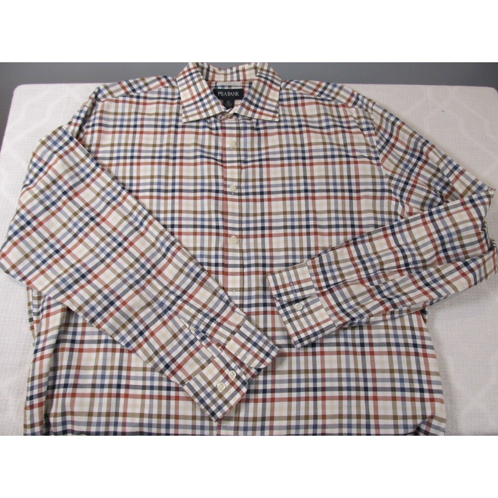 Jos. A. Bank Men’s Plaid Shirt XL Traditional Fit Tan Blue Brick Long Sleeve